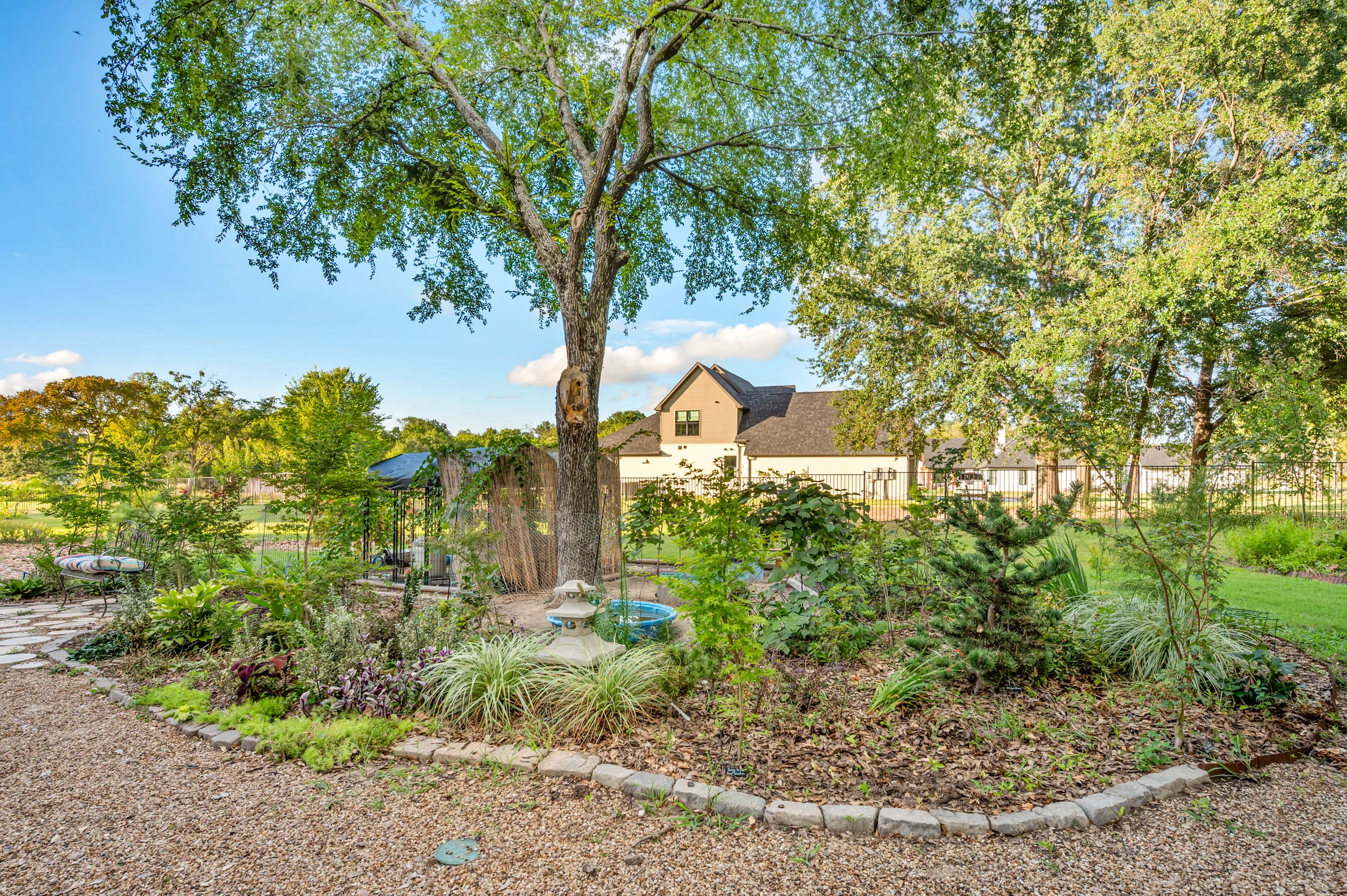 Layered garden beneath mature trees